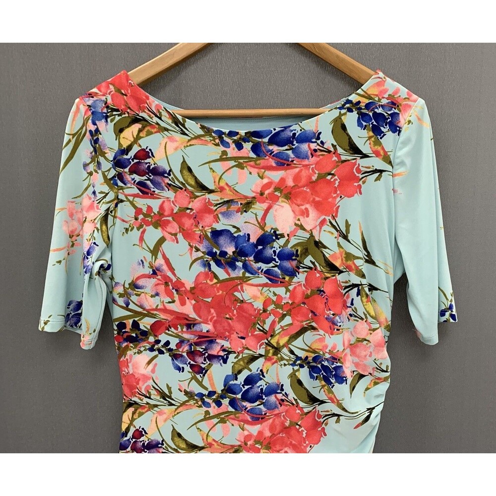 Jones New York Colorful Floral Ruched Knit Dress Size 12 Cottage Romantic Travel - Picture 15 of 15